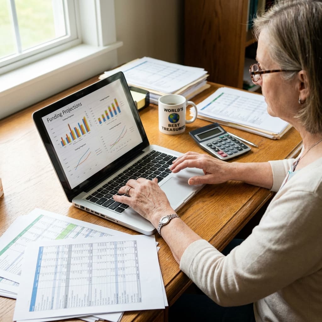 HOA treasurer comparing reserve study software options on a laptop showing funding charts, with printed component spreadsheets on the desk