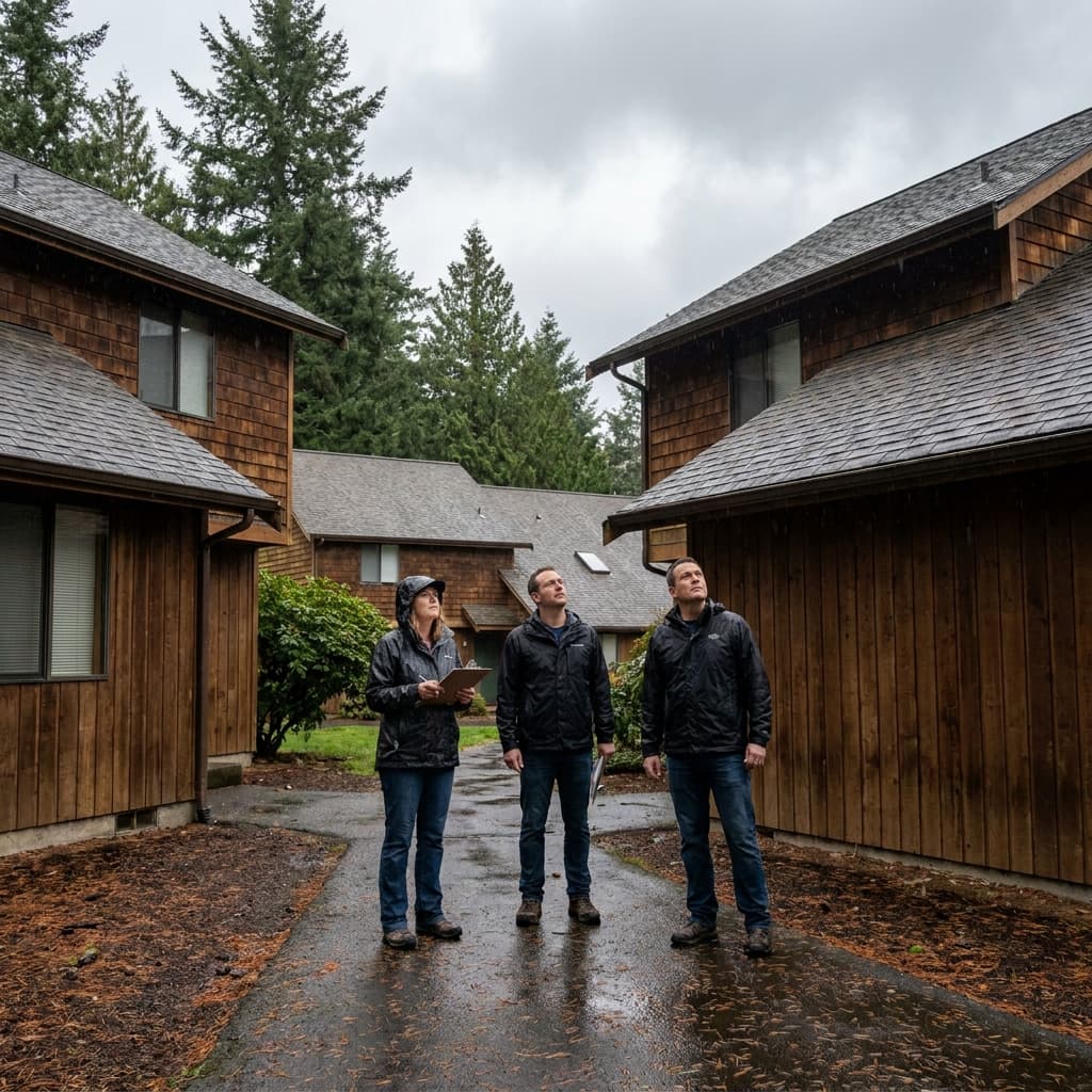 Volunteer HOA board members walking a small Washington townhome community during a reserve study site inspection on an overcast Pacific Northwest morning